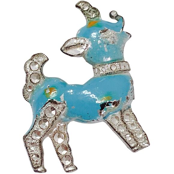 Vintage Jewelry - Vintage 1940s Blue Enamel Deer Pin Pot Metal Kitschy Novelty Figural Brooch